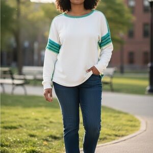 Natural Life White Sweater with Green and Blue Trim